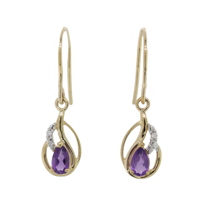 9 Carat Yellow Gold  Pear Shape Amethyst & Diamond Drop Earrings Total Diamond Weight 0.01 carat with Shepherd Hooks