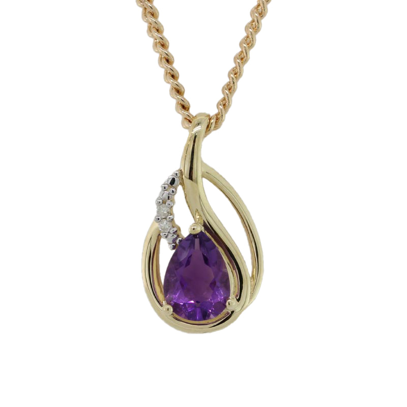 9 Carat Yellow Gold  Pear Shape Amethyst & Diamond Pendant Total Diamond Weight 0.01 carat 