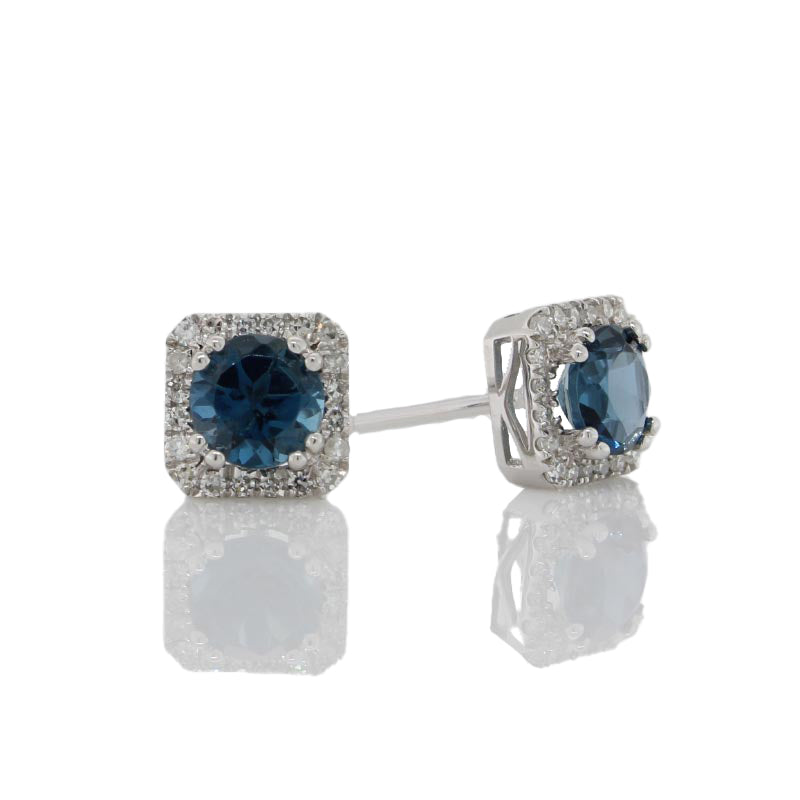 9 Carat White Gold London Blue Topaz & Diamond Halo Stud Earrings Total Diamond Weight 0.153 Carat 