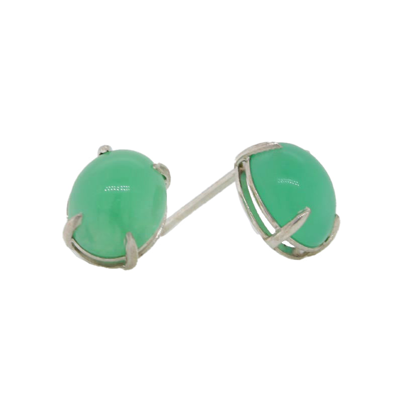 Sterling Silver 9mm x 7mm Oval Cabochon Chrysoprase 4 Claw Stud Earrings