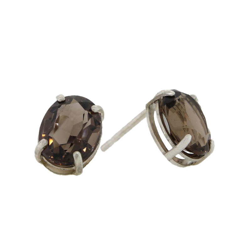 Sterling Silver 9mm x 7mm Oval Smoky Quartz 4 Claw Stud Earrings