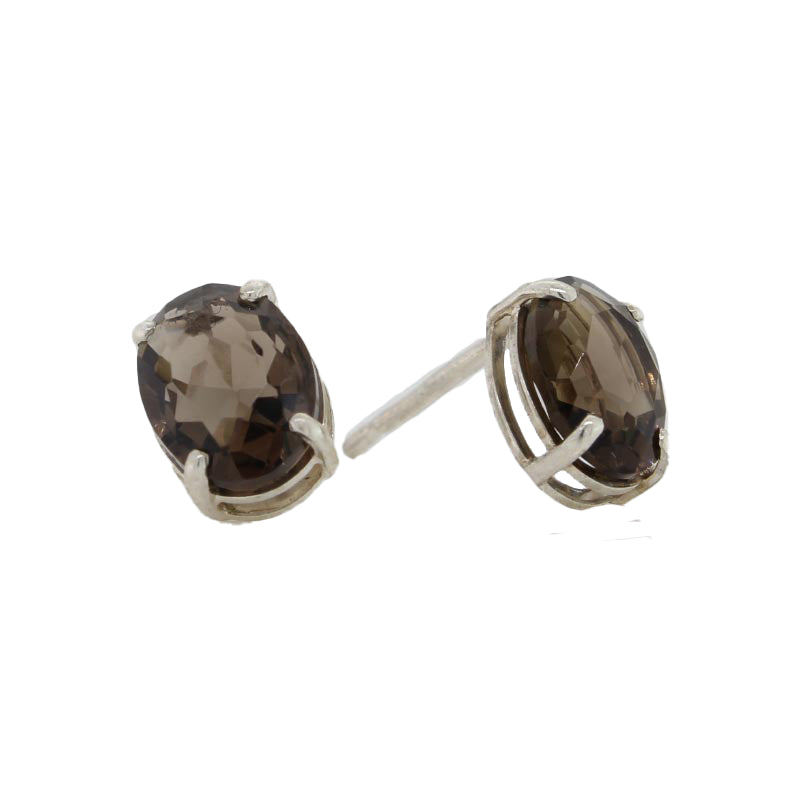 Sterling Silver 8mm x 6mm Oval Smoky Quartz 4 Claw Stud Earrings