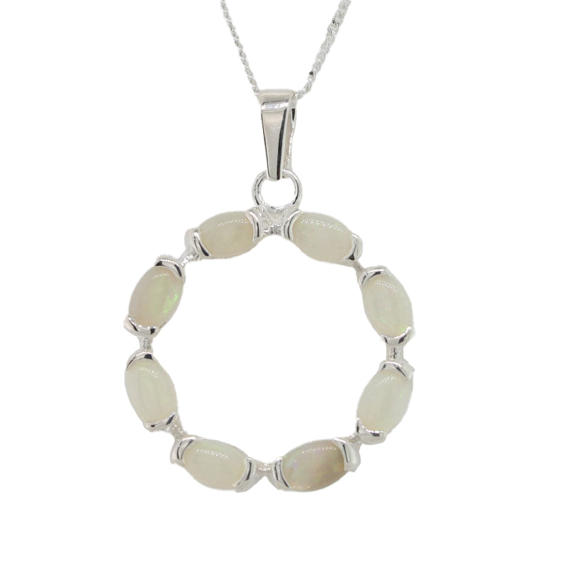 Sterling Silver Eight 5mm x 3mm Oval Solid Crystal Opals Set in a Circle Pendant