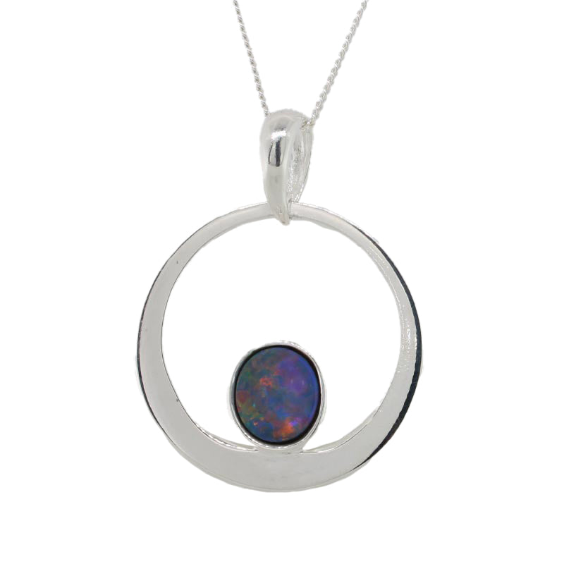 Sterling Silver 8mm Free Form Oval Shape Boulder Doublet Opal in Open Round Surround Pendant