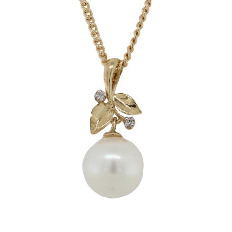 9 Carat Yellow Gold 9mm - 9.5mm Near Round White Cultured Freshwater Pearl & Leaf Design 3 Diamond Set Thread Through Bail Pendant