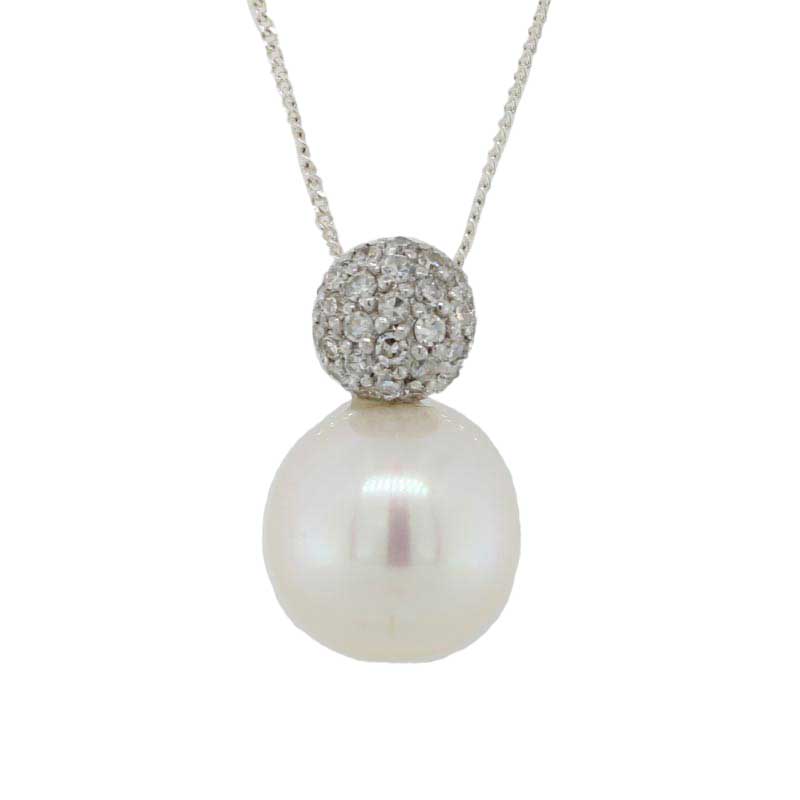 9 Carat White Gold 10.5mm - 11mm Near Round White Cultured Freshwater Pearl & Diamond Pave Set 7mm Ball Shaped Bail Pendant