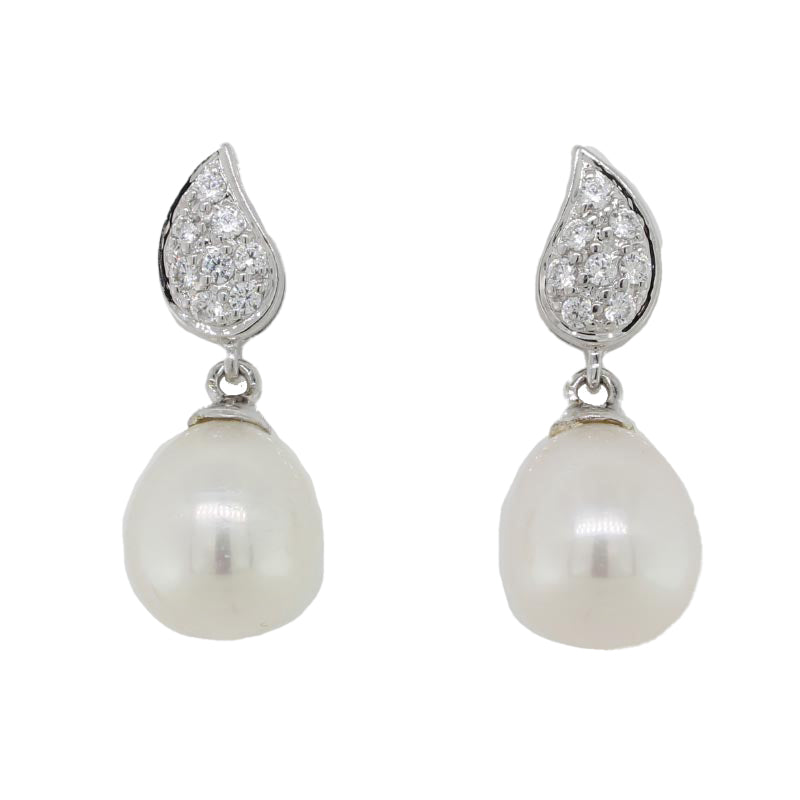 9 Carat White Gold 10mm x 9mm Drop White Cultured Freshwater Pearl & Pave Diamond Set Leaf Shape Stud Earrings