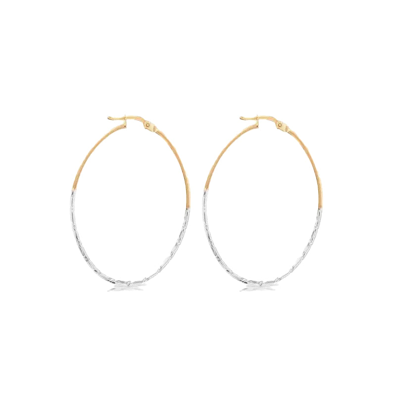 9 Carat Yellow & White Gold 40mm Long Oval Hoop Earrings with a White Gold Twist 