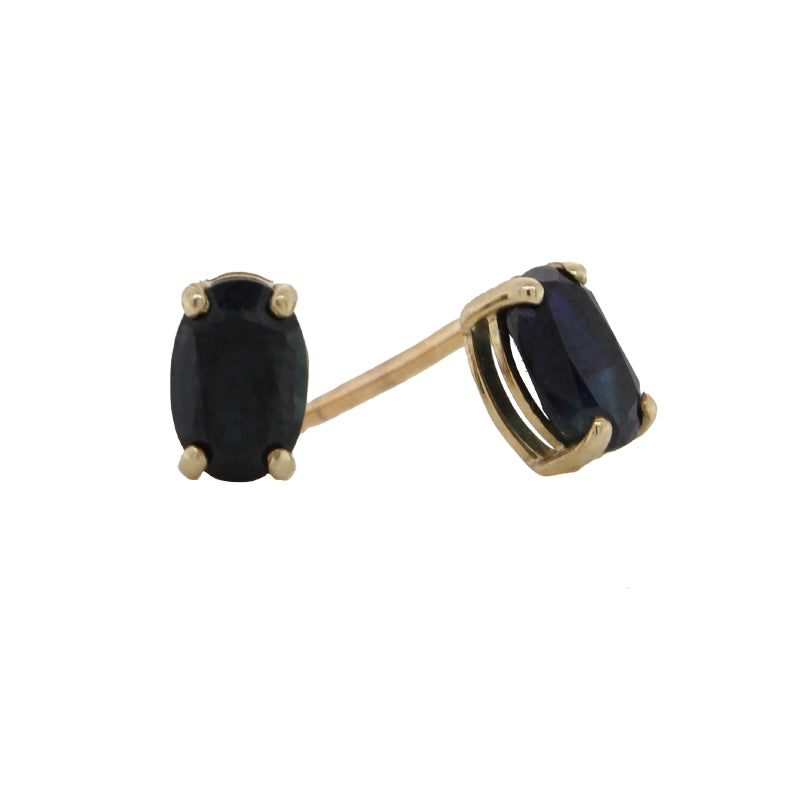 9 Carat Yellow Gold 6mm x 4mm Dark Blue Sapphire Stud Earrings