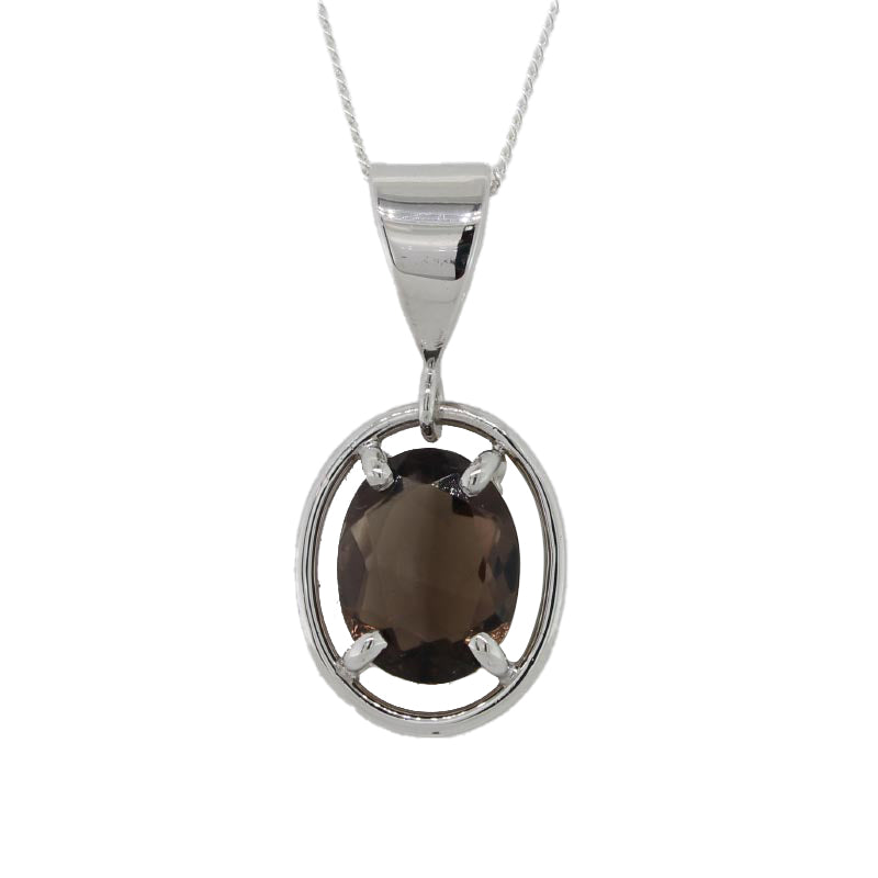 9 Carat White Gold 9mm x 7mm Oval 1.37carat Smoky Quartz Handmade Pendant