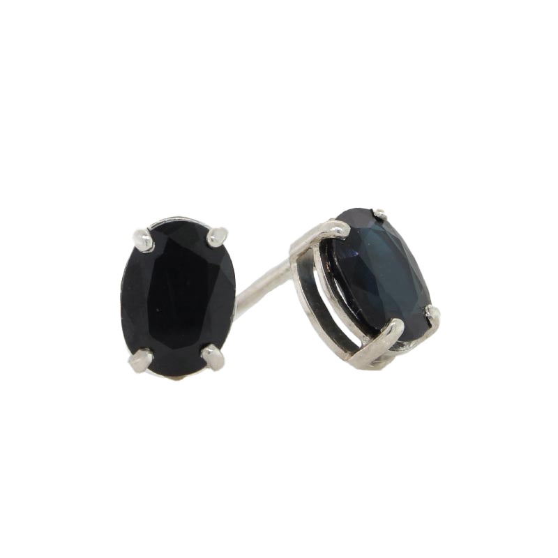 Sterling Silver 7mm x 5mm Dark Blue Oval Sapphire Stud Earrings - 4-Claw Set