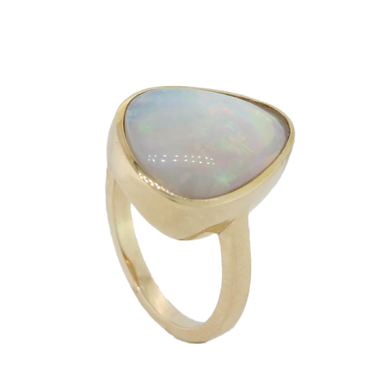 14 Carat Yellow Gold Bezel Set Freeform Pear Shape Solid Crystal Opal (3.46 Carat) Ring Size N