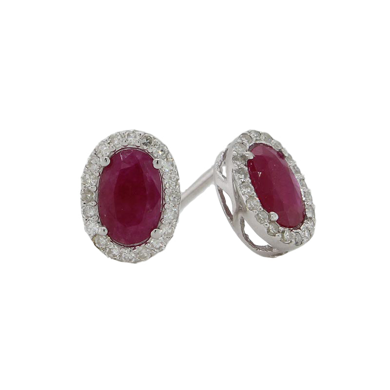 9 Carat White Gold Natural Ruby and Diamond TDW 0.156 Carat Oval Ruby & Diamond Halo Stud Earrings