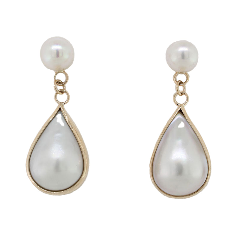 9 Carat Yellow Gold Handmade 7.80mm Akoya Studs with 19.30mm x 12.50mm Pear Shape Mabe Pearl Drop Earrings