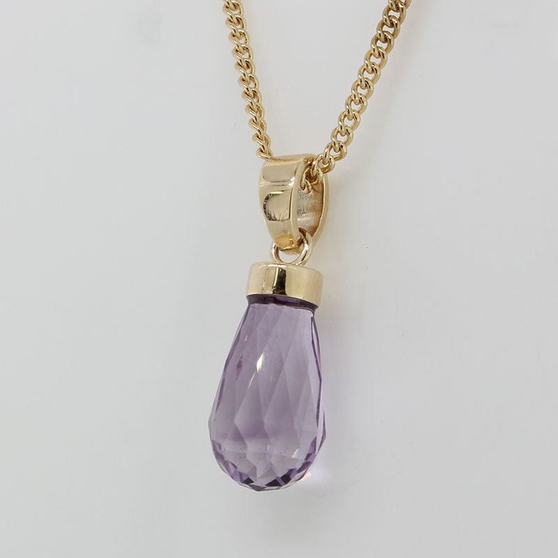 9 Carat Yellow Gold Handmade Amethyst Briolette Drop Pendant 16 x 8mm 6.4 Carat 