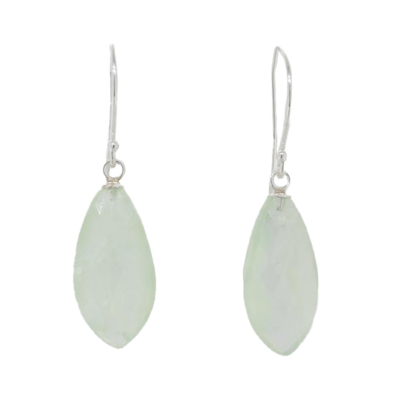 Sterling Silver Shepherd Hook Drop Earrings, 20mm x 10mm x 6mm Briolette Leaf Shaped Prehnite