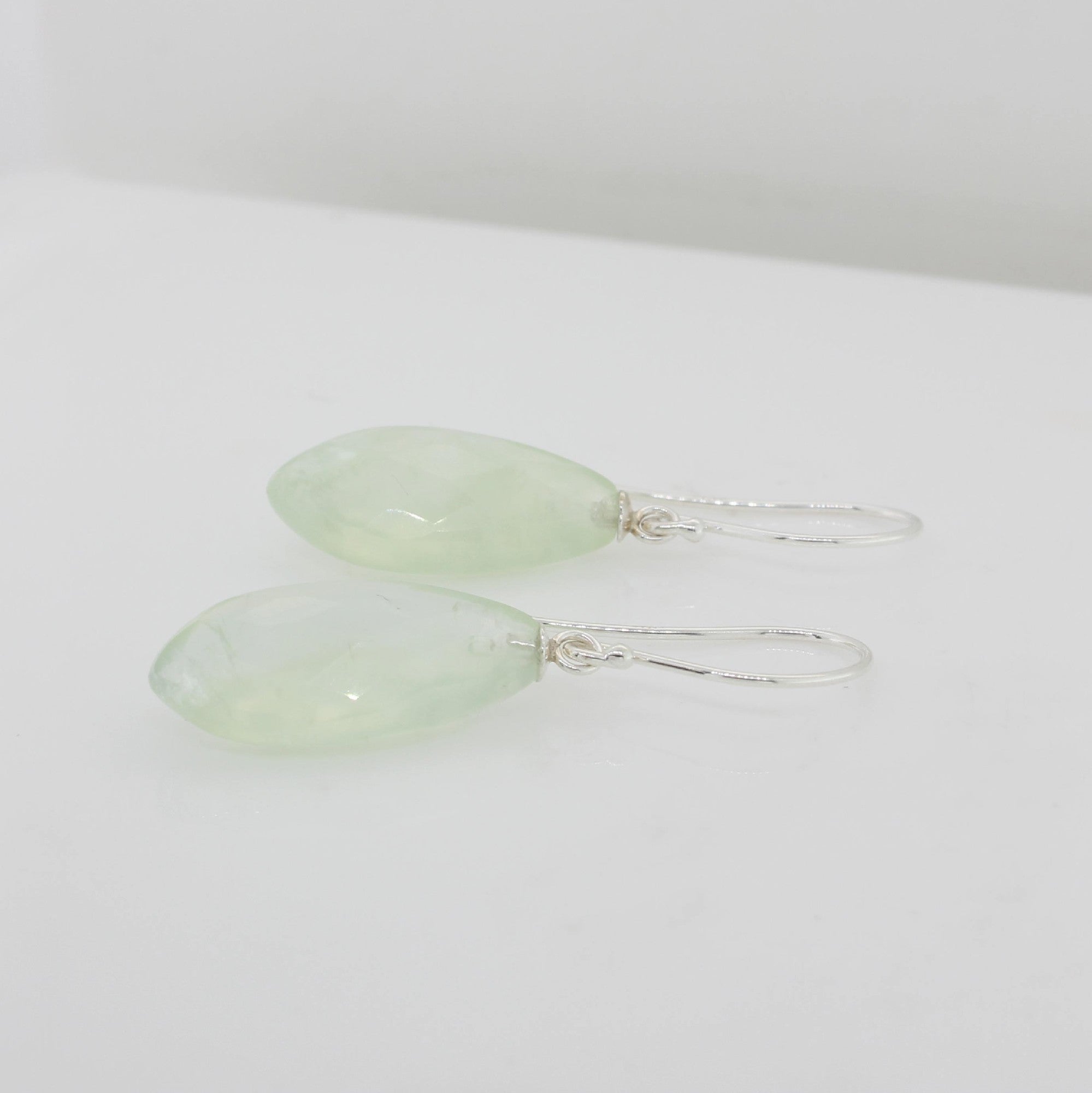 Sterling Silver Shepherd Hook Drop Earrings, 20mm x 10mm x 6mm Briolette Leaf Shaped Prehnite