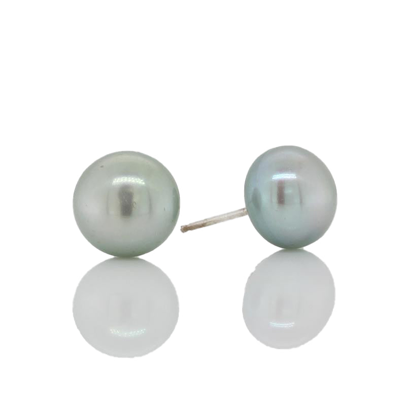 Sterling Silver 9mm Green Button Cultured Fresh Water Pearl Stud Earrings