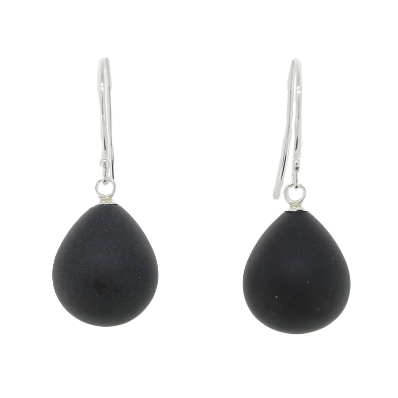 Sterling Silver 15mm x 13mm Onyx Matt Drop Shepherd Hook Earrings