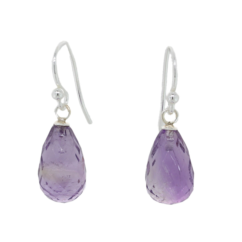 Sterling Silver 13mm x 8mm Briolette Amethyst A+ Drop Shepherd Hook Earrings