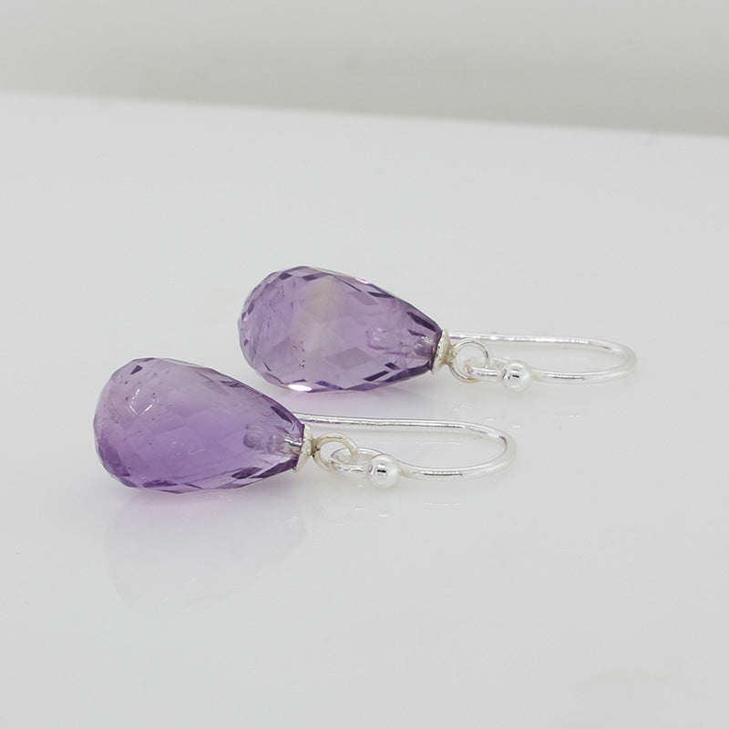 Sterling Silver 13mm x 8mm Briolette Amethyst A+ Drop Shepherd Hook Earrings