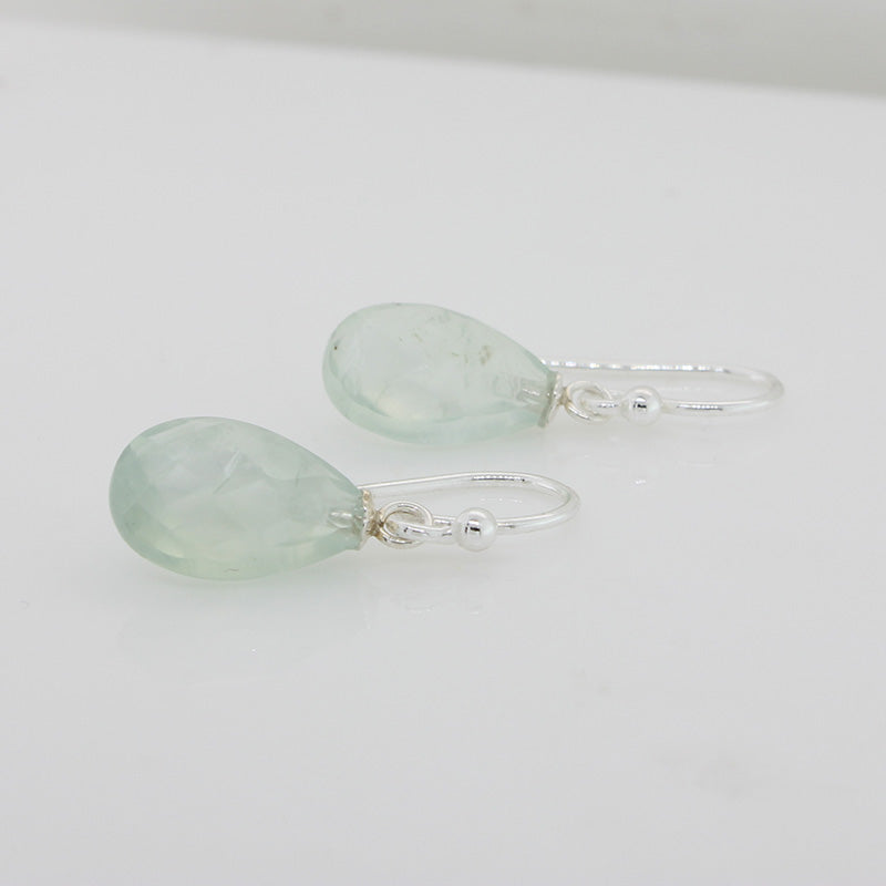 Sterling Silver Shepherd Hook Drop Earrings, 12mm x 8mm x 5mm Briolette Prehnite AA Grade