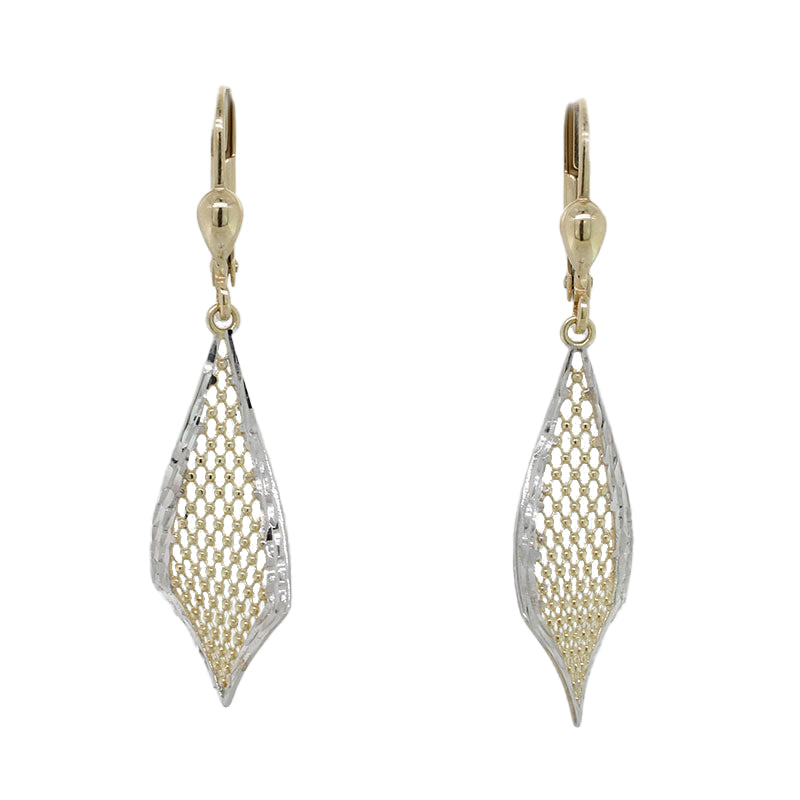 9 Carat Yellow Gold Kite Shape Diamond Cut Drop Earrings with Rhodium Plated Edge with Continental Clips