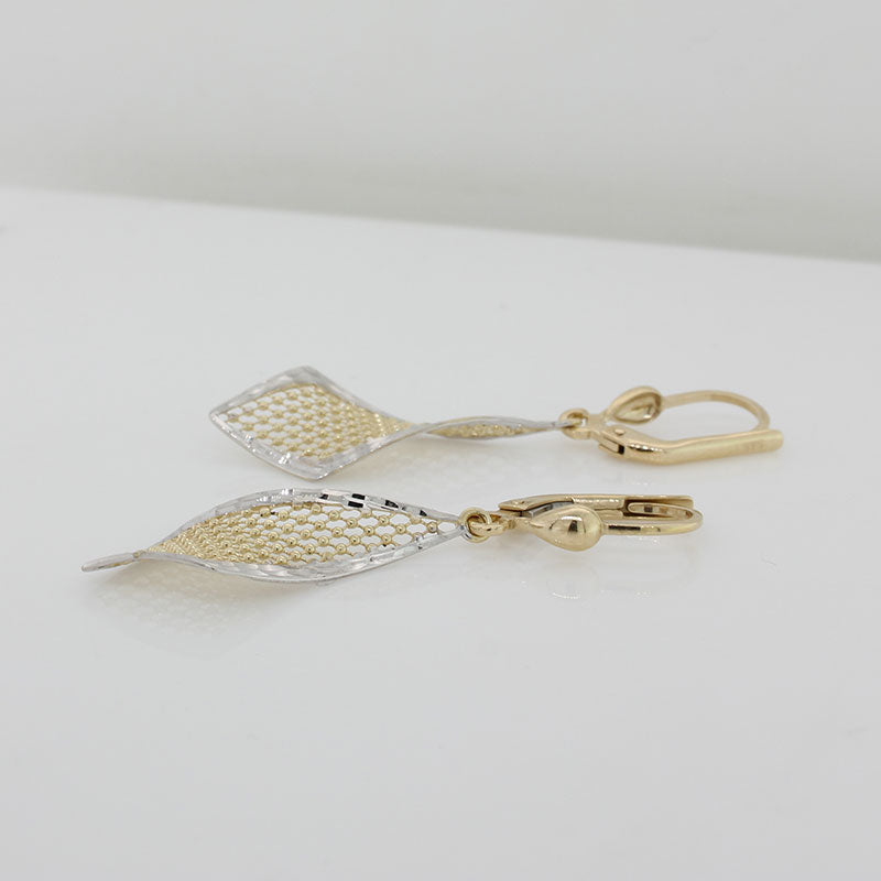 9 Carat Yellow Gold Kite Shape Diamond Cut Drop Earrings with Rhodium Plated Edge with Continental Clips