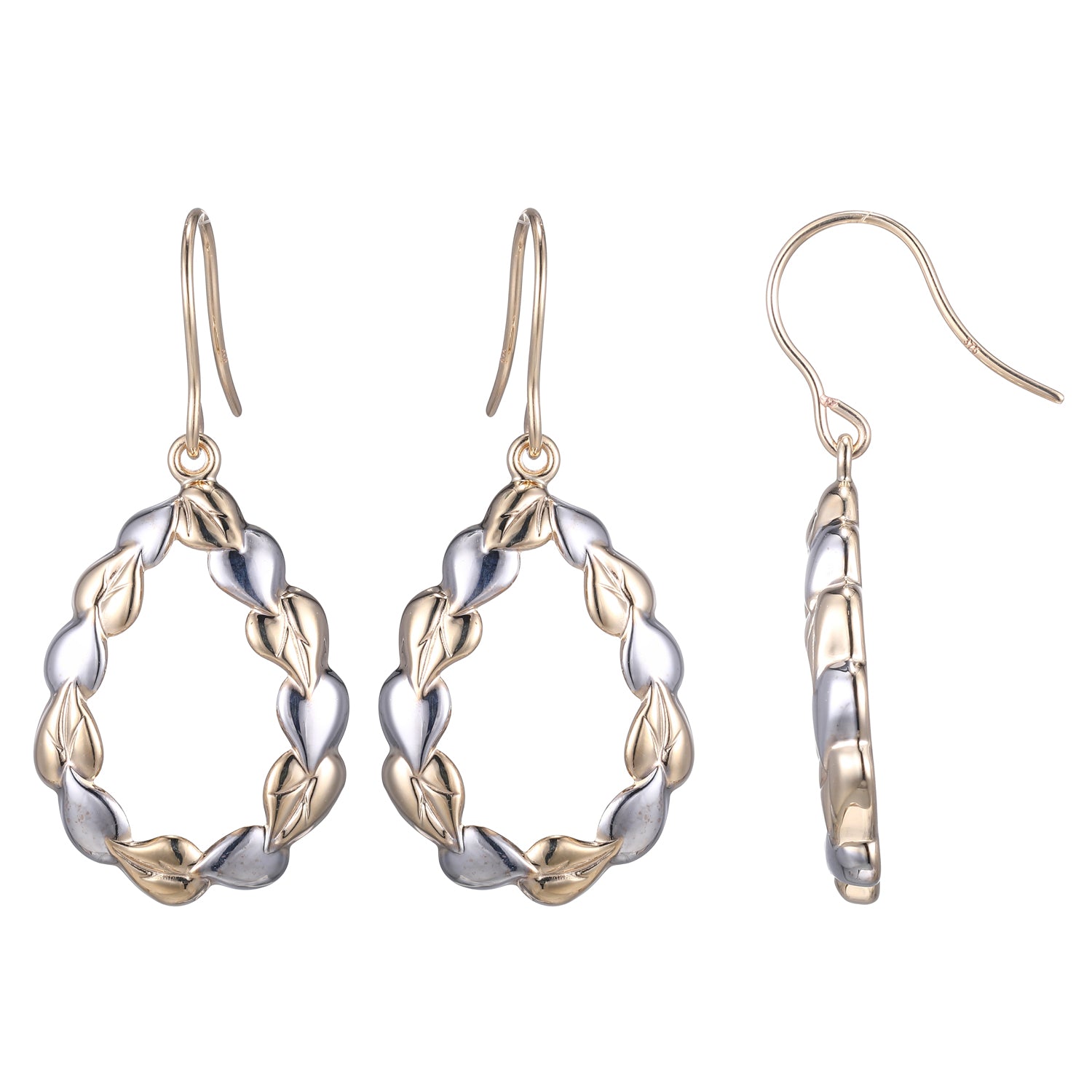 9 Carat Yellow Gold Tear Drop Earrings with Rhodium Platting on Every Second Leaf with Shepherd Hooks