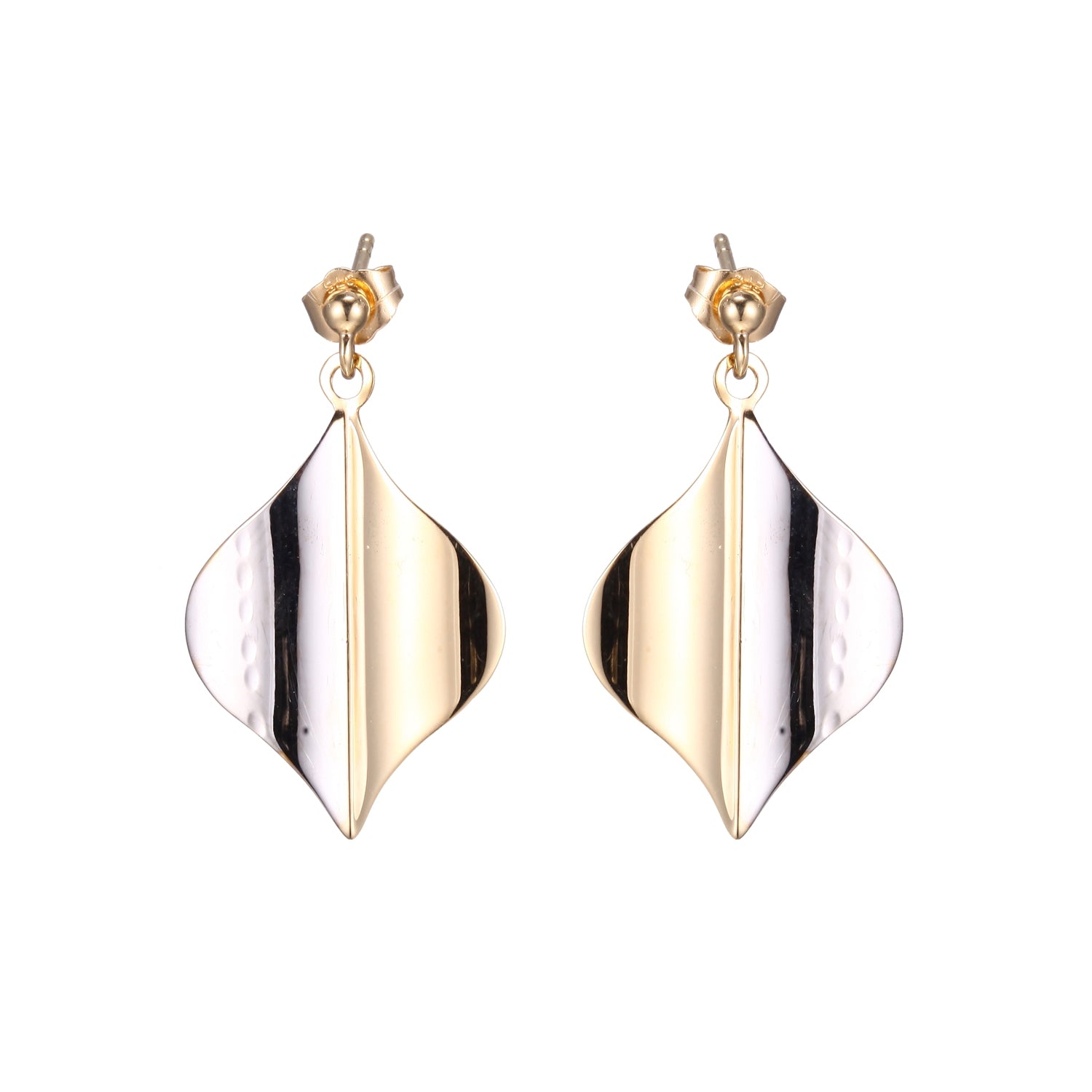 9 Carat Yellow & White Gold Stud Wave Shaped Drop Earrings