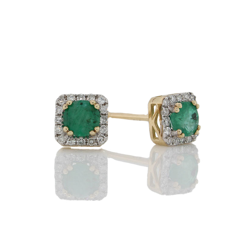 9 Carat Yellow Gold White Gold Setting Natural 4mm Round Emerald and Diamond TDW 0.13 Carat Cluster Studs in Square Settings