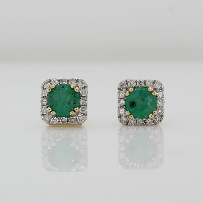 9 Carat Yellow Gold White Gold Setting Natural 4mm Round Emerald and Diamond TDW 0.13 Carat Cluster Studs in Square Settings