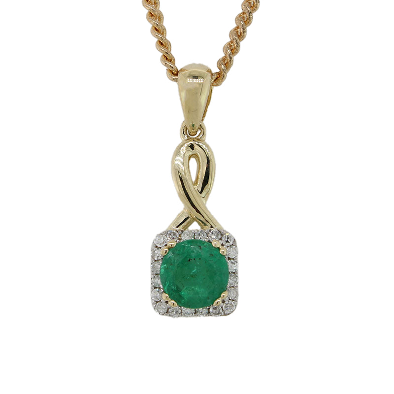 9 Carat Yellow Gold White Gold Setting Natural 5mm Round Emerald and Diamond TDW 0.08 Carat Cluster Pendant  in Square Setting