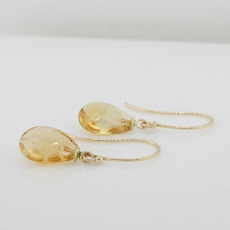 9 Carat Yellow Gold Shepherd Hook Drop Earrings, 12mm x 8mm x 5mm Flat Briolette Citrine