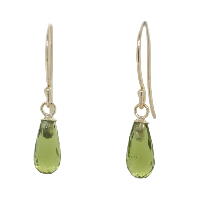 9 Carat Yellow Gold 10.5mm x 5mm Peridot Briolette Drop Shepherd Hook Earrings