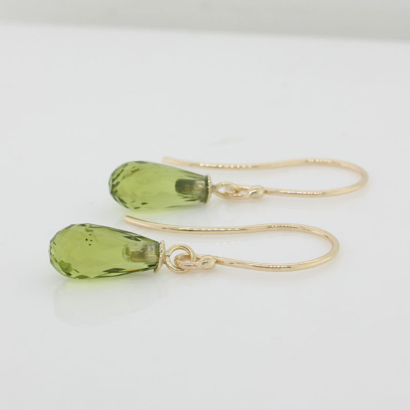 9 Carat Yellow Gold 10.5mm x 5mm Peridot Briolette Drop Shepherd Hook Earrings