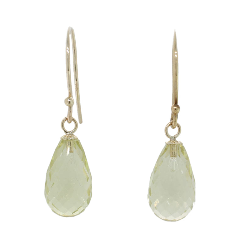 9 Carat Yellow Gold Lemon Quartz Briolette13mmm Long x  8mm Wide Drop Shepherd Hook Earrings