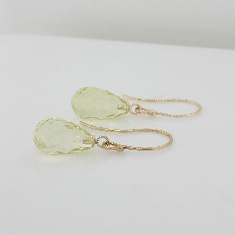 9 Carat Yellow Gold Lemon Quartz Briolette13mmm Long x  8mm Wide Drop Shepherd Hook Earrings