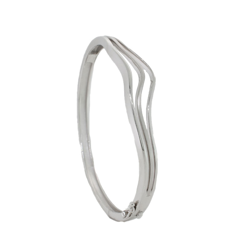 Sterling Silver Rhodium Plated Hinged Oval Bangle 10mm Wide Three Strand Wave Top 4mm Wide at the Back of Bangle