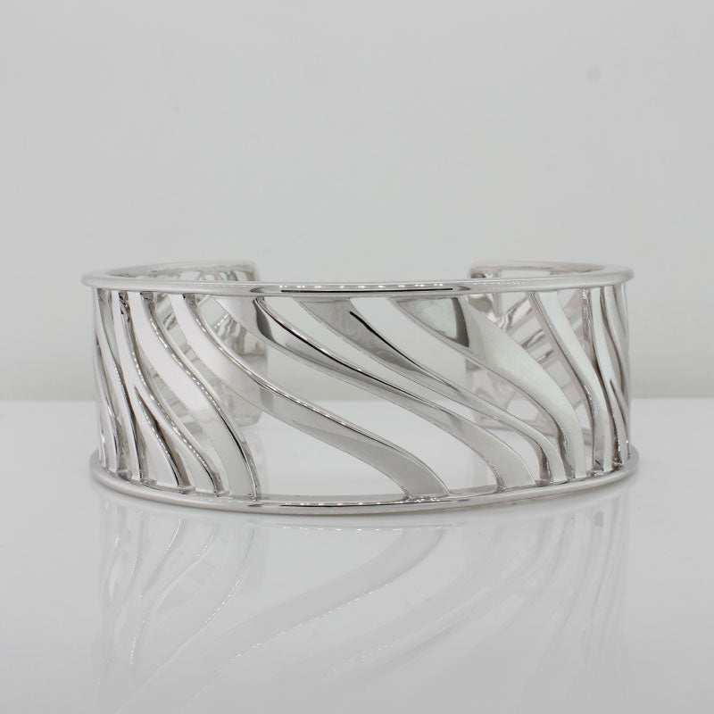 Sterling Silver Rhodium Plated Oval Cuff (Bangle) 24mm Open Vertical Waves