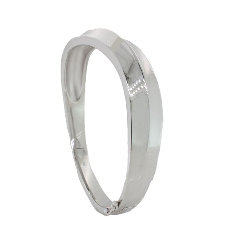 Sterling Silver Rhodium Plated Oval Hinged Bangle 10mm Wide with Center Knife Edge, 6mm Wide at Back with Figure 8 Clasp