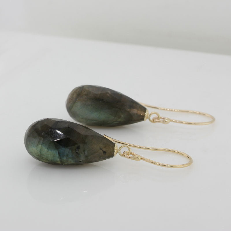 9 Carat Yellow Gold African Labradorite AAA Grade 28mm Long x 10mm Wide Drop Shepherd Hook Earrings