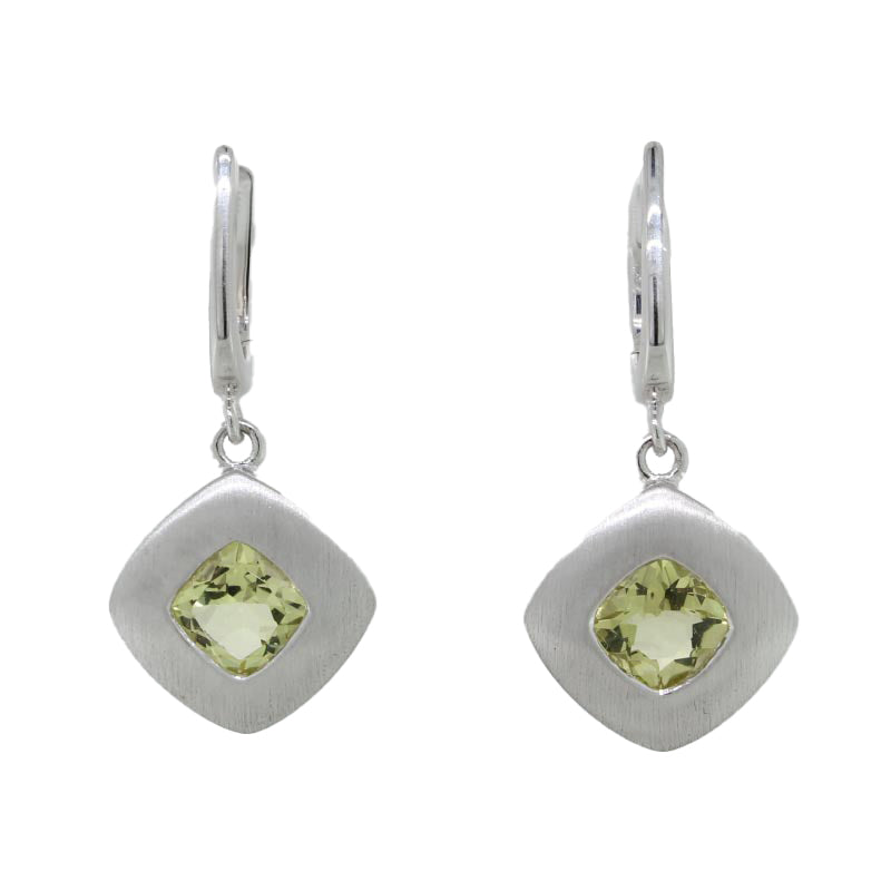 Breuning Sterling Silver, Rhodium Plated, Bezel Set 5.5mm Princess Cut Green Quartz Drop Earrings on Huggies with Satin Finish