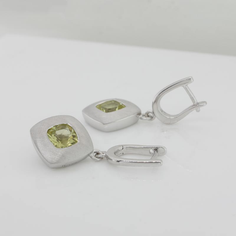 Breuning Sterling Silver, Rhodium Plated, Bezel Set 5.5mm Princess Cut Green Quartz Drop Earrings on Huggies with Satin Finish