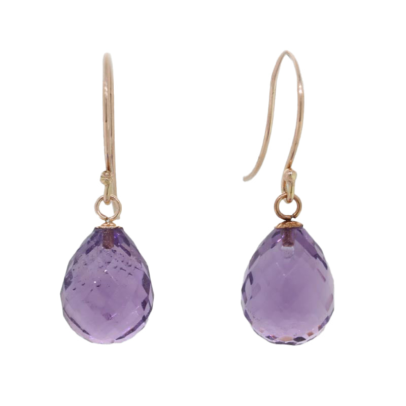 9 Carat Rose Gold 12mm x 10mm Briolette Amethyst A+ Grade Drop Shepherd Hook Earrings