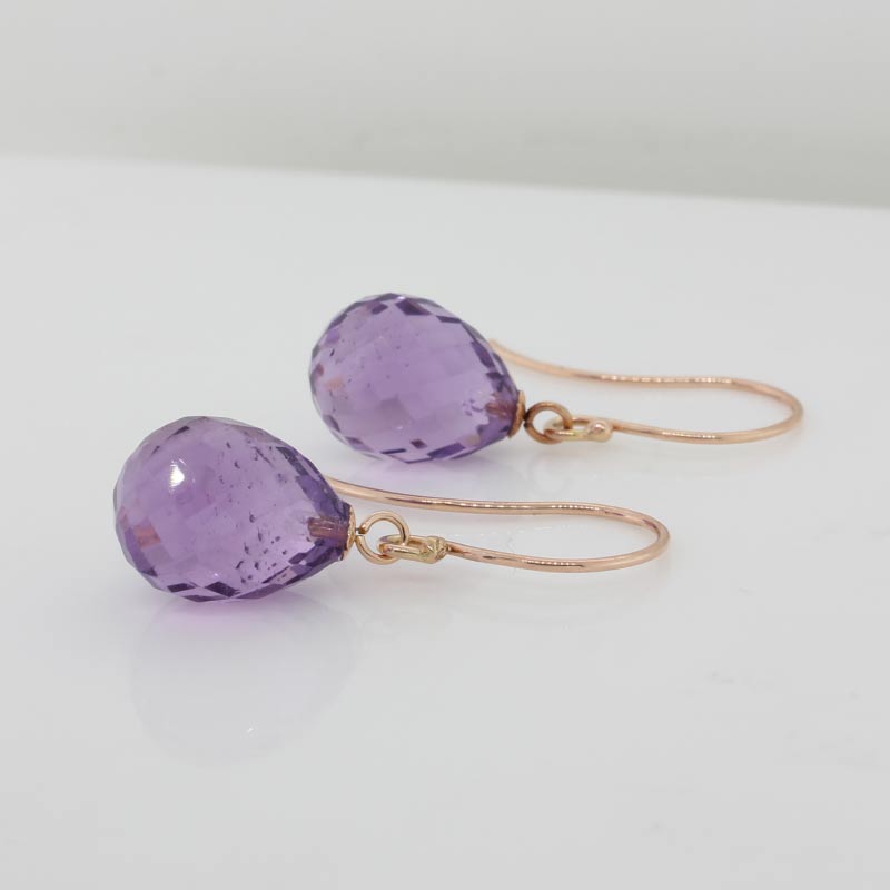 9 Carat Rose Gold 12mm x 10mm Briolette Amethyst A+ Grade Drop Shepherd Hook Earrings