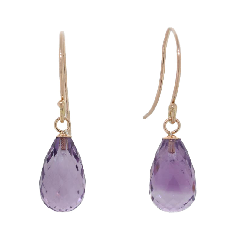 9 Carat Rose Gold 13mm x 8mm Briolette Amethyst A+ Grade Drop Shepherd Hook Earrings