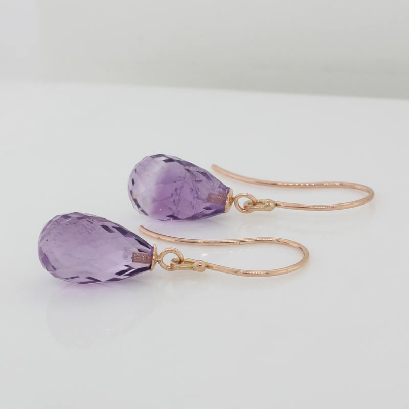 9 Carat Rose Gold 13mm x 8mm Briolette Amethyst A+ Grade Drop Shepherd Hook Earrings