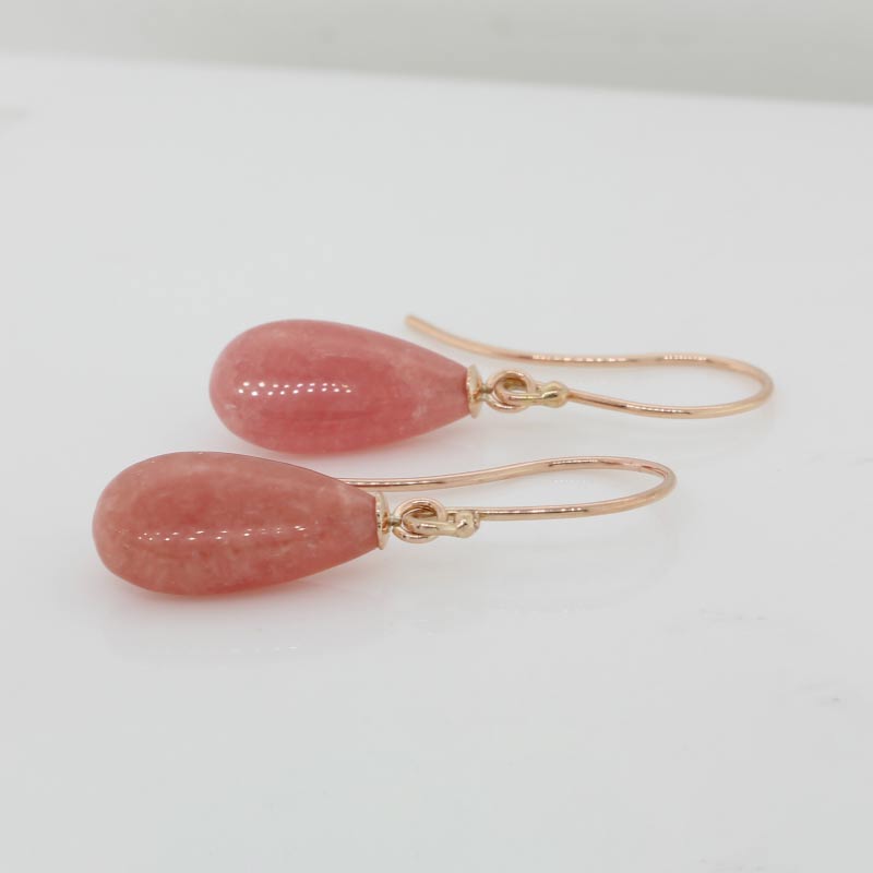 9 Carat Rose Gold 15mm x 8mm x 5mm Rhodochrosite A A Grade Flat Drop Shepherd Hook Earrings