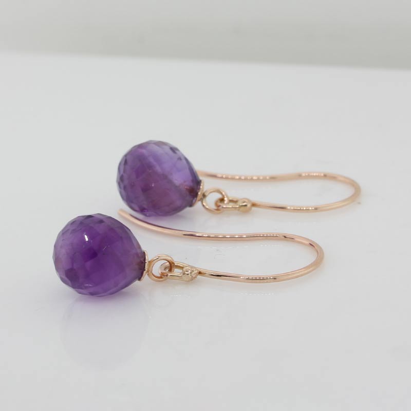 9 Carat Rose Gold Shepherd Hook Drop Earrings, 9mm x 8mm Briolette Cut Amethyst